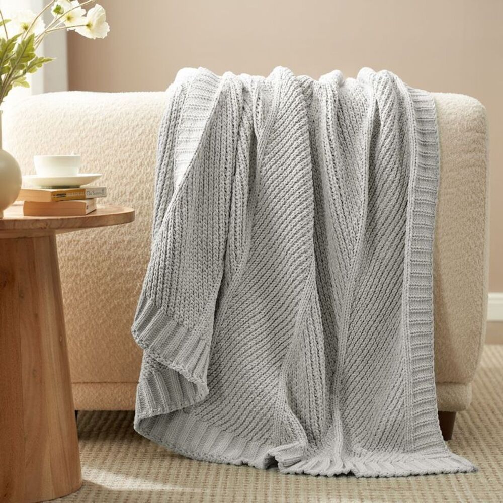 Chenille Chunky Knit Chevron Throw Blanket 50"x 60" Gray-Amelie Home